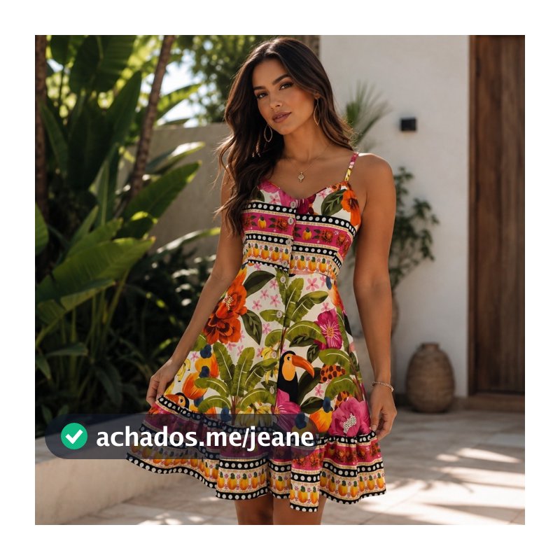 Vestido Feminino Curto Floral Tropical Colorido com Estampa de Tucano e Frutas – Alças Finas, Rodado e Estilo Verão