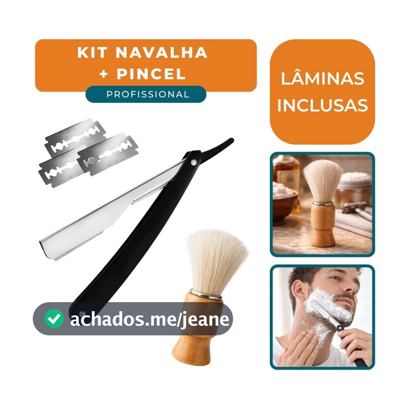 Navalha e Pincel de Barbear Profissional Barbeiro Com Laminas Inox Acabamento