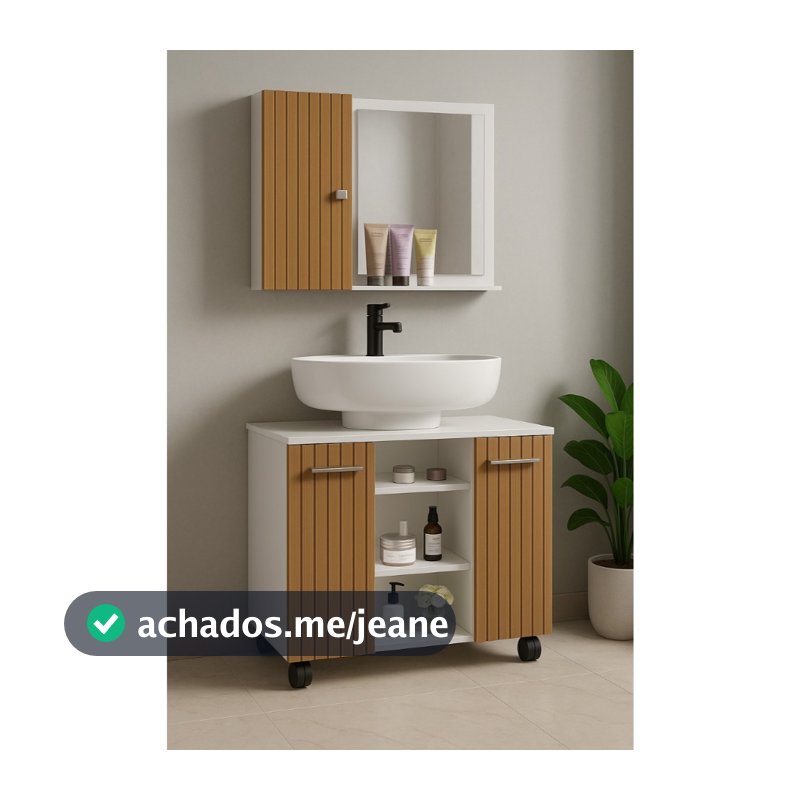 Armário Para Banheiro Kit Completo Gabinete Para Pia De Coluna Com Rodízios + Espelheira Com Prateleira