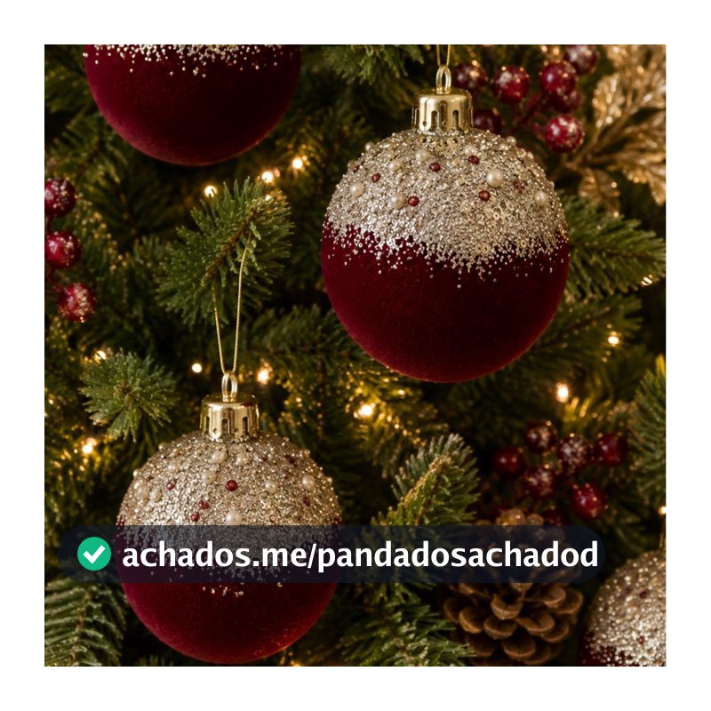 Kit 3 Unidades de Bolas de Natal Veludo Bordô c/ Branco 8CM Decoração