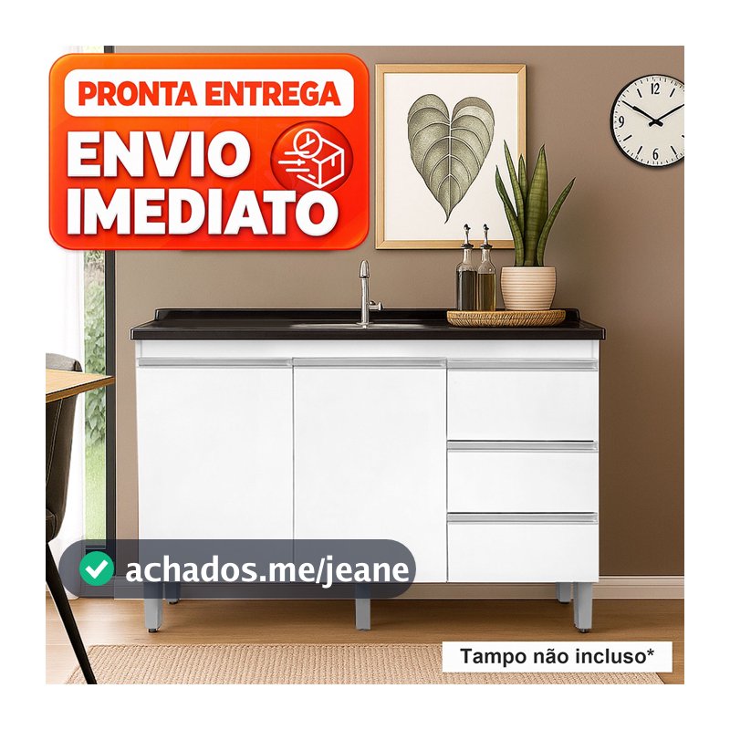 Balcão Para Pia Cozinha 120cm Branco Sem Tampo Gabinete Armário 2 Portas 3 Gavetas