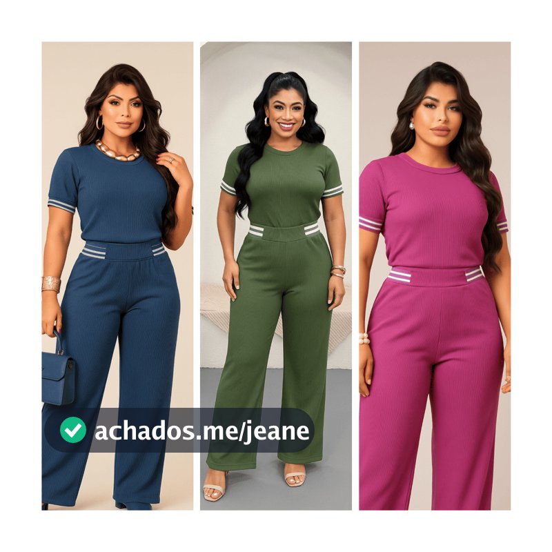 Conjunto Blusa e Calça Pantalona Detalhe no Punho e Cós Conjunto Tshirt Duas Cores Malha Canelada