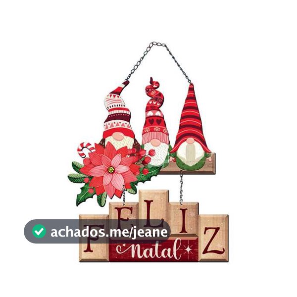 Natal - Placa Decorativa para Porta ou Parede - Guirlanda Gnomos - Feliz Natal