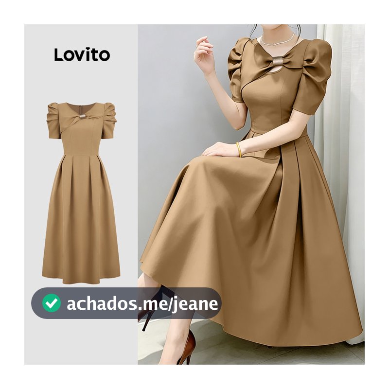 Lovito Vestido Elegante Casual de Verão com Detalhe de Laço e Fivela Pregas cáqui para Mulheres L183AD062