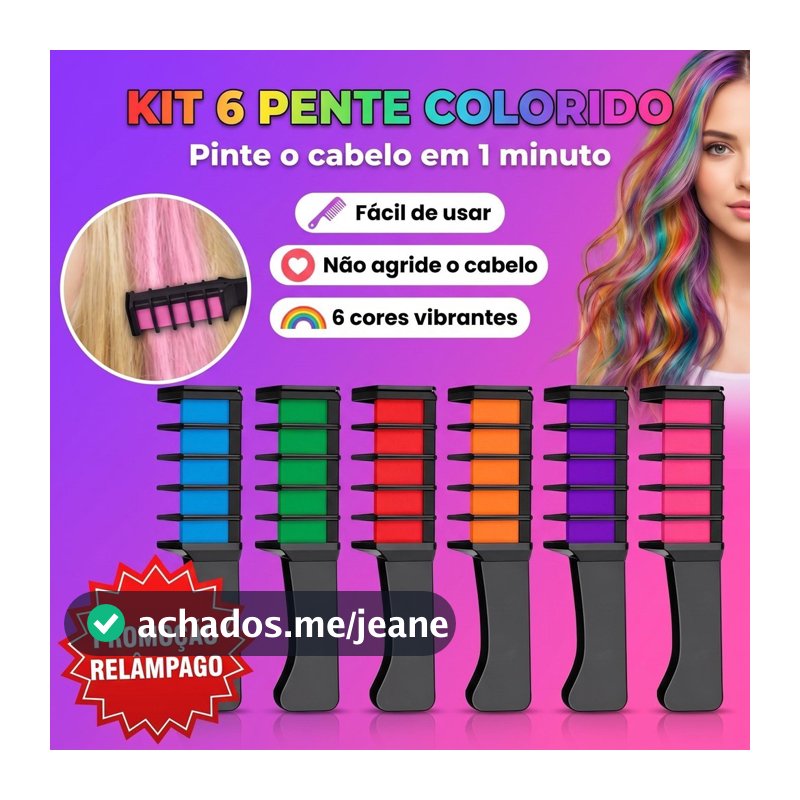 Kit 06 Pente Colorido Giz De Cabelo Com 06 Cores Temporárias Para Festas Criativo