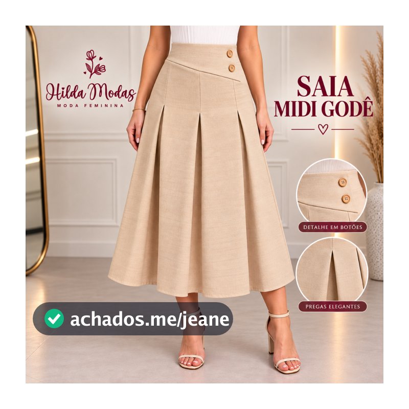 Saia Midi Godê Linhão Com Pregas e Botoês Laterais, Cintura alta elegante