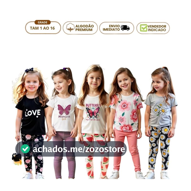 Kit 8 Peças Conjunto Infantil Menina Feminino Juvenil Verão Moda 4 Legging 4 Camiseta Regata 1 ao 16 Algodão