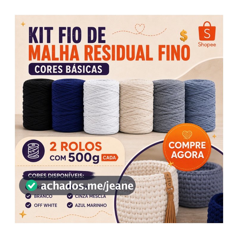 Kit Fio de Malha Fino Residual 2 Rolos de 500g Cada - Cores Neutras - Crochê Bolsa Tapete Promoção Barato