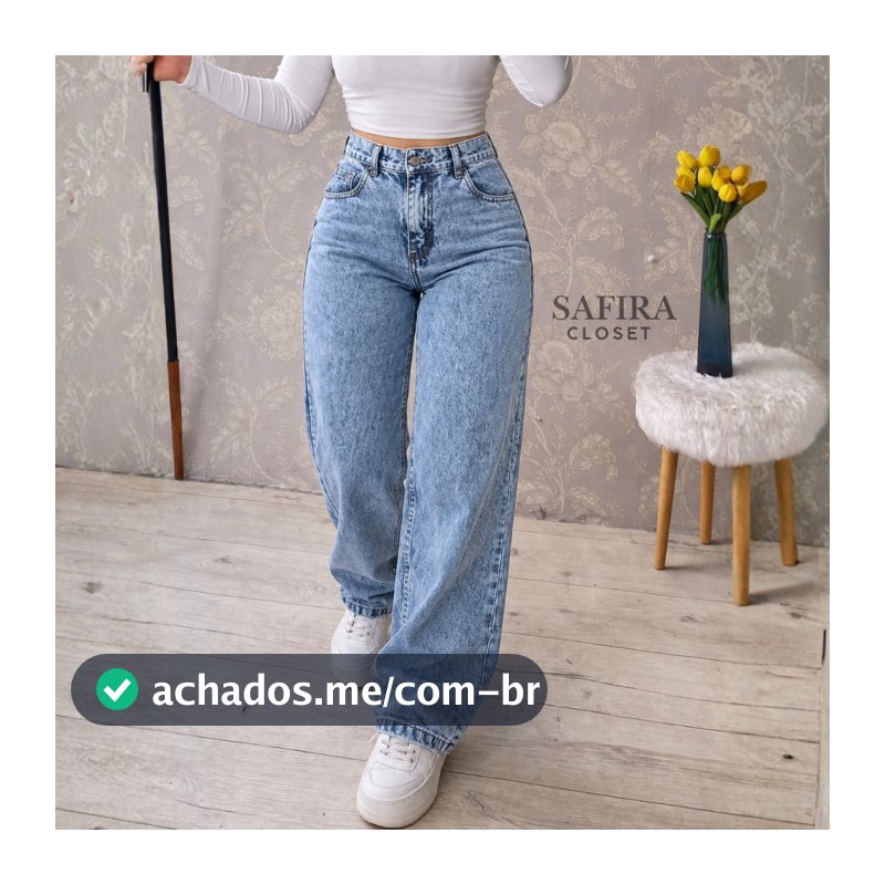 Calça Wide Leg Jeans Feminina Marmorizada Cintura Alta 100% Algodão Premium
