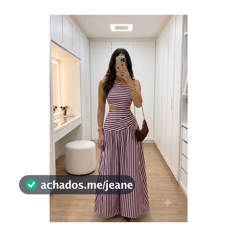 Vestido Longo Feminino Listrado Assimetrico com Costas Abertas Amarração e Recorte na Cintura