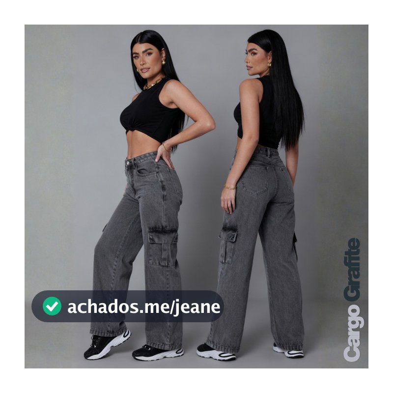 Calça Cargo Jeans Feminina Grafite Cinza Wide Leg Pantalona Cintura Alta 100% Algodão 34 ao 44