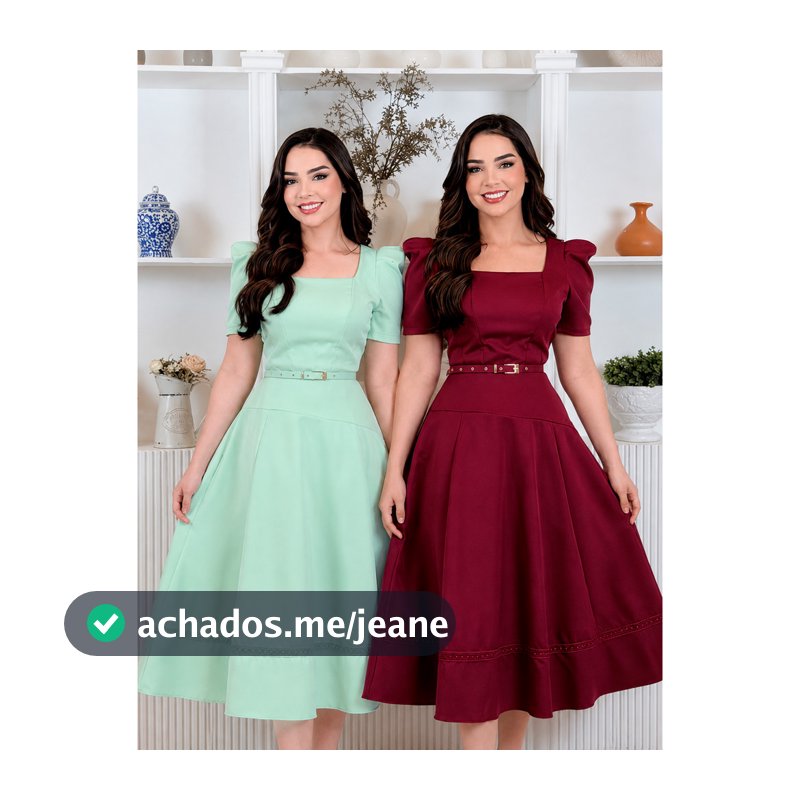Vestido de Festa Alfaiataria Manga Bufante Decote Quadrado Moda Evangélica Gode Rodado Moda Evangélica