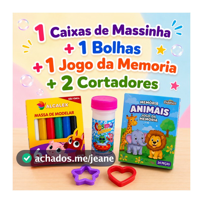 1 Caixa de Massinha de Modelar + 1 Bolha sabão + 2 Cortador + 1 Jogo Memoria Kit Escolar Lembrancinha Infantil