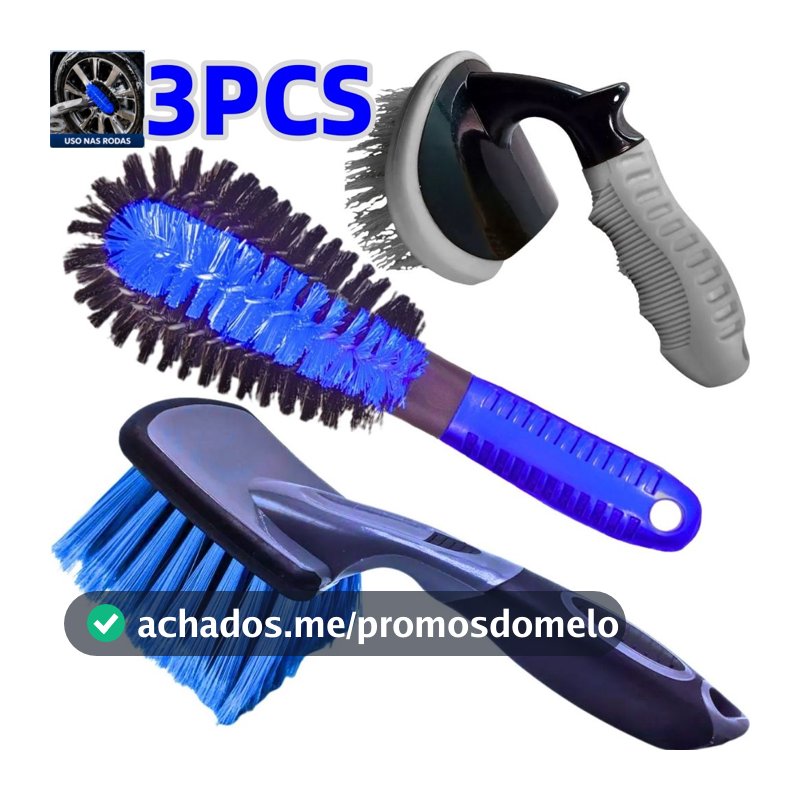 Kit 3 Escovas Limpeza Automotiva Escova Pepino + Escova Caixa de Roda + Furo de Roda Para Pneus