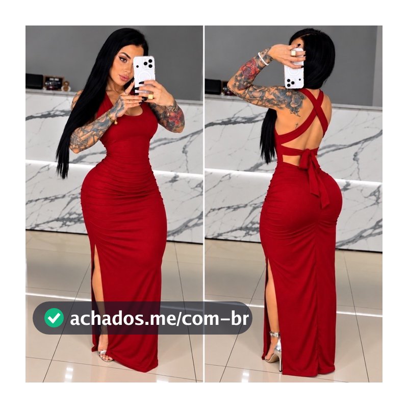 Vestido Feminino Mid Amarração com Fenda Elegante Longo Festa Casual Estiloso e Chick