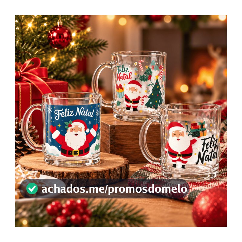 Jogo 2/4/6/8 Xícaras Vidro 320ml Natal Wincy / Canecas Papai Noel Natalinas Café Chá / Kit Conjunto
