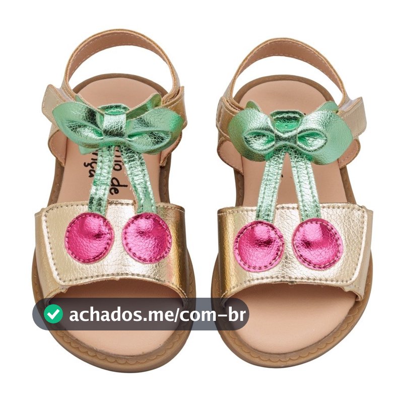 Sandália Infantil Menina Cereja Laço Metalizado Pink Dourada verão lançamento