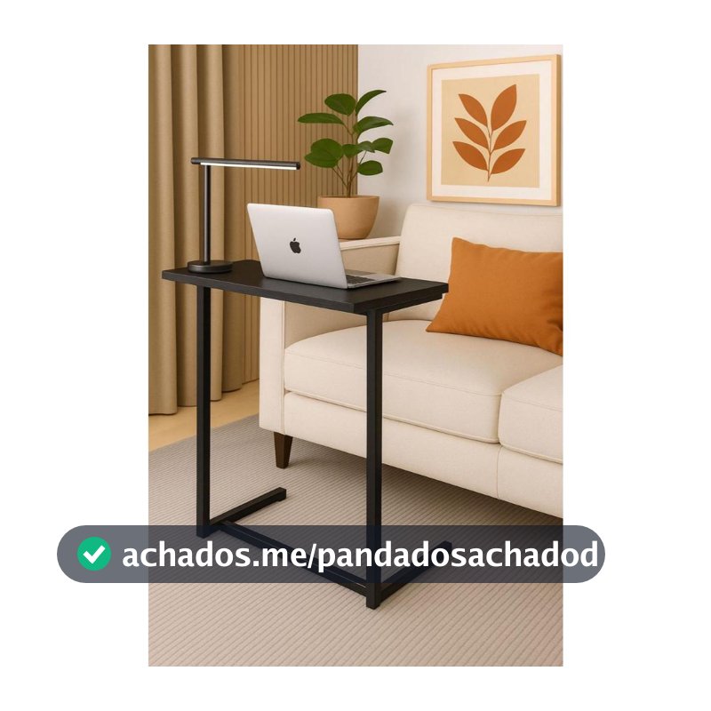 Mesa apoio e suporte lateral notebook cama sofa em aço tampo madeira Preta e Mel