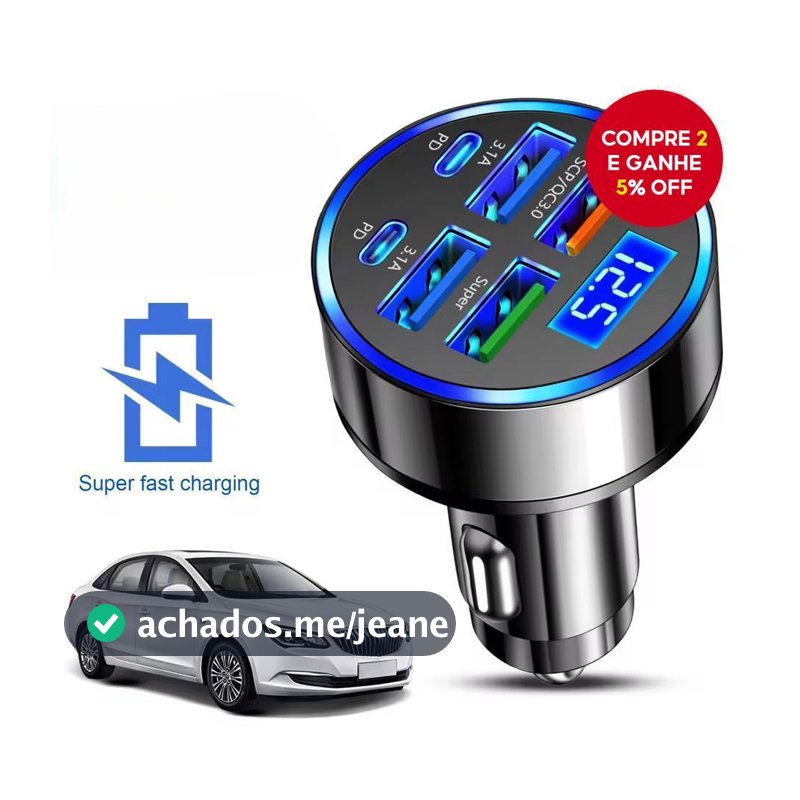 Adaptador de Carro de Carregamento Rápido 6 em 1 3.1A Display Digital Duplo Tipo C para Smartphones, Tablets e Power