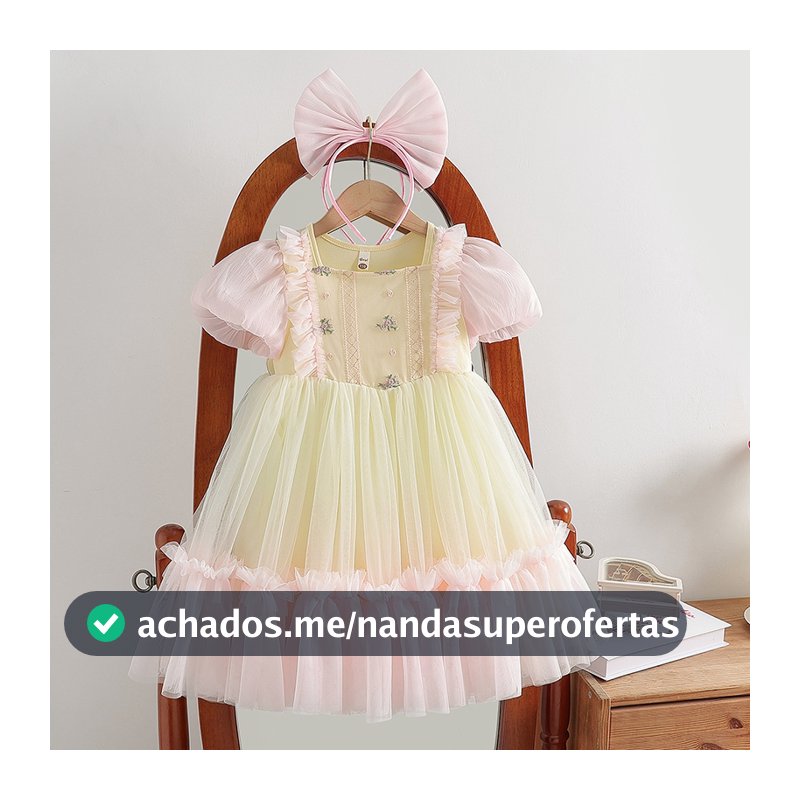 Vestido de Princesa Rosa e Amarelo para Meninas: Vestido de Festa com Saia de Tule no Estilo Coreano, Nova Coleção