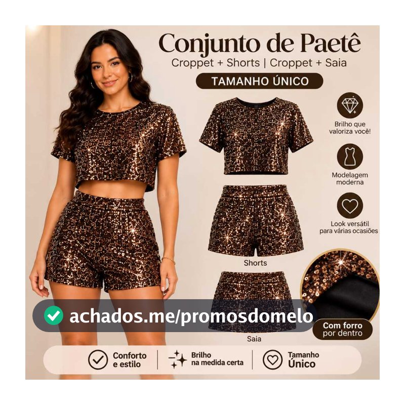 Conjunto de paetê preto com dourado croopet+short ou croopet+saia forrado confortável moda Balada blogueira festas