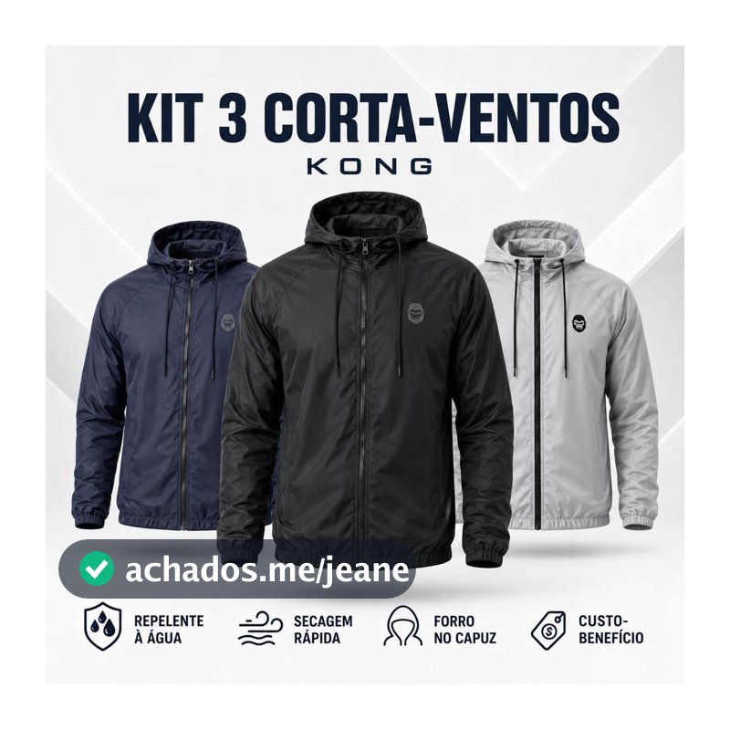 Kit 3 Jaquetas Corta Vento Kong Masculina com Capuz Repelente à Água e Bolsos Laterais