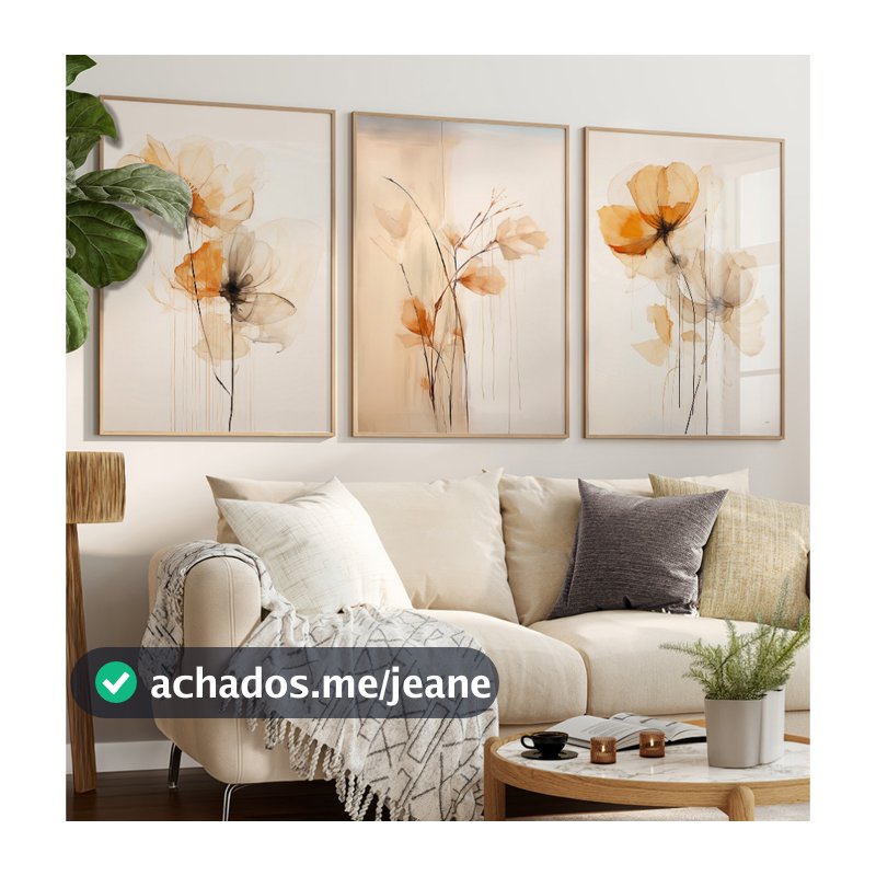 Quadros Decorativos Com Moldura Filete Abstrato Floral Sala Quarto Trio Arte Flores Tinta Alaranjada
