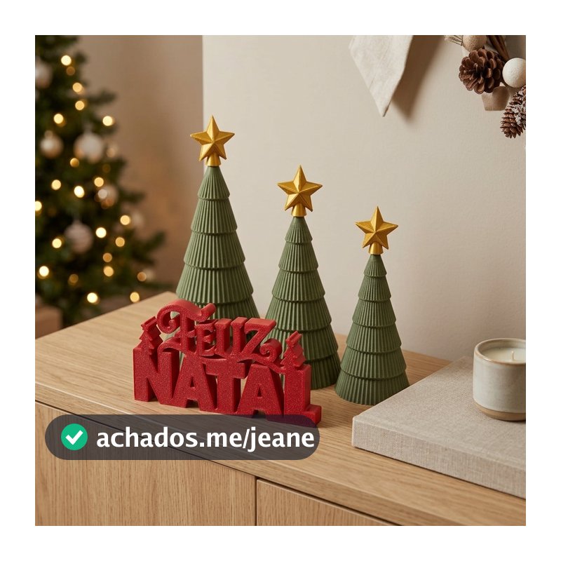 Kit 3 Mini Árvores de Natal Decorativas com Estrela e Letreiro Feliz Natal para Mesa e Decoração