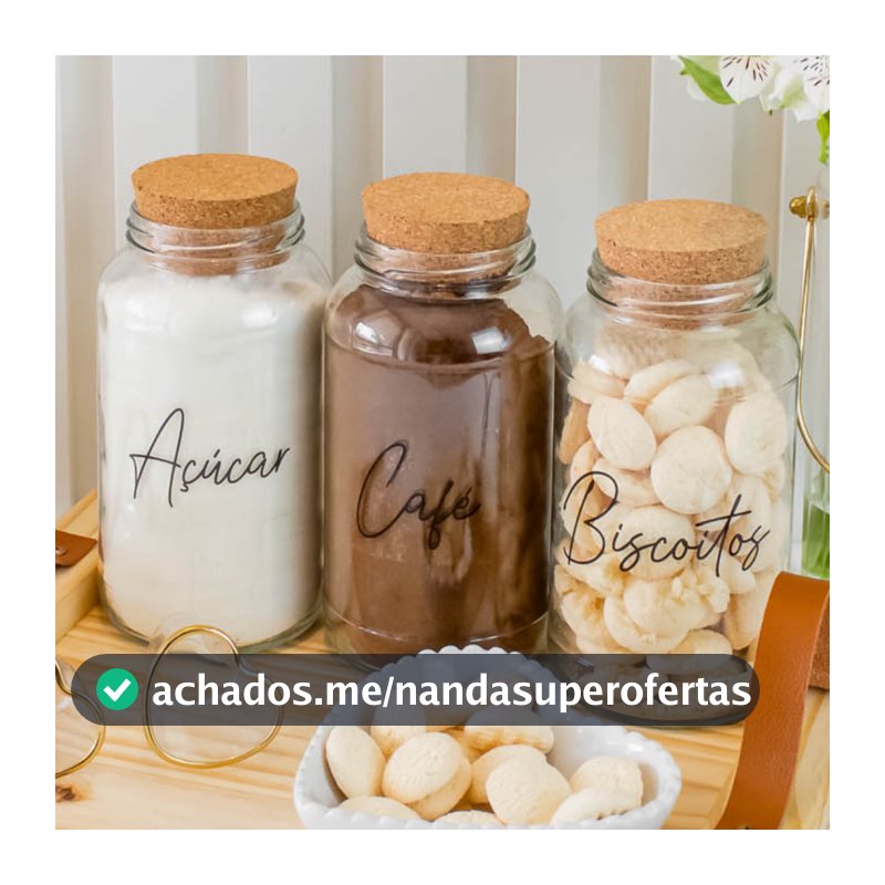 Kit Cantinho do Café - Café, Açúcar e Biscoitos | 3 potes de Vidro 810ml com Tampa Rolha + Adesivos