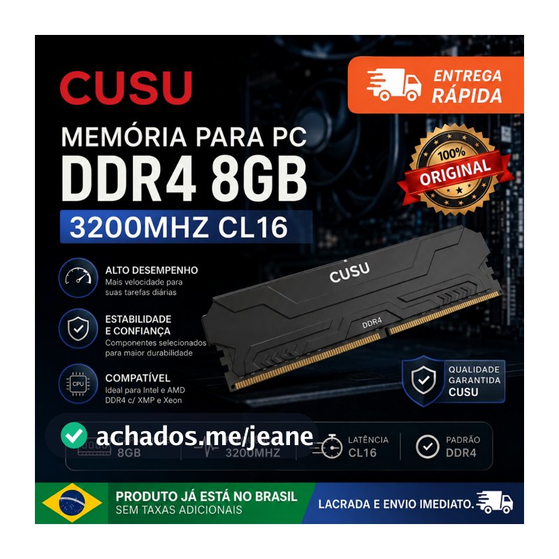 Memória RAM CUSU 16GB (2x8) DDR4 CL16 3200MHz - Alta Performance - Original, Lacrado. Envio Imediato