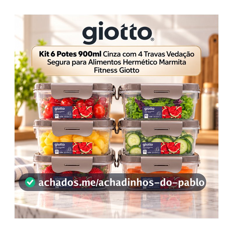 Kit 6 Potes 900ml Cinza com 4 Travas Vedação Segura para Alimentos Hermético Marmita Fitness Giotto