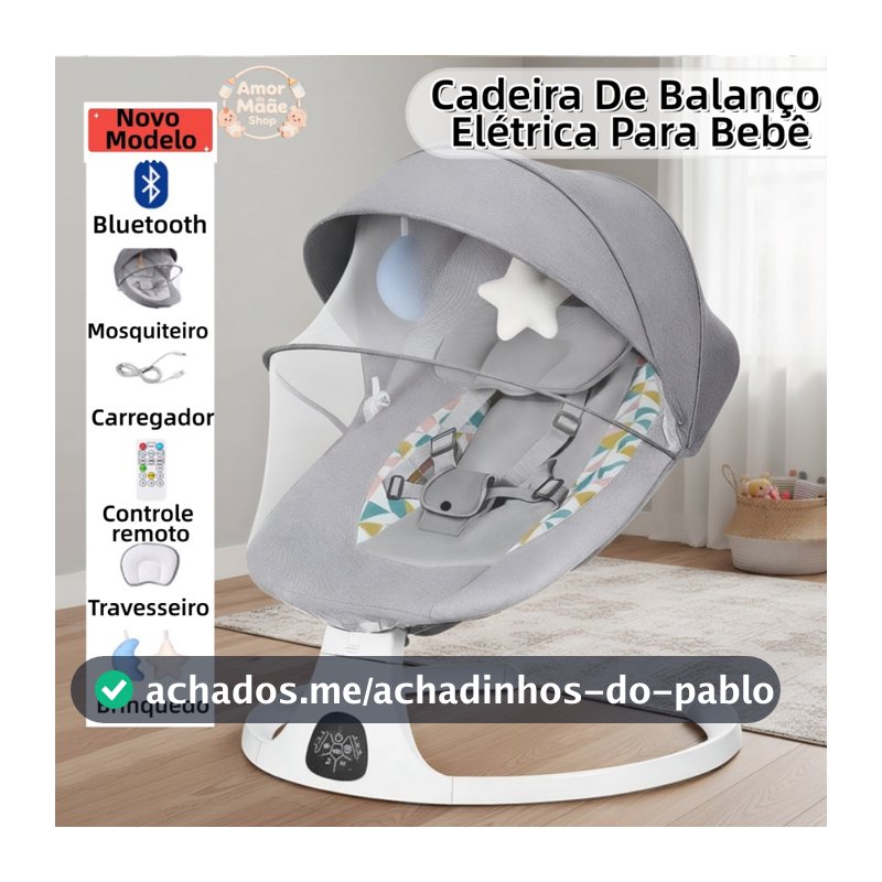 Cadeira de Descanso Balanço para Bebê com Música Mosquiteiro Controle Remoto Premium