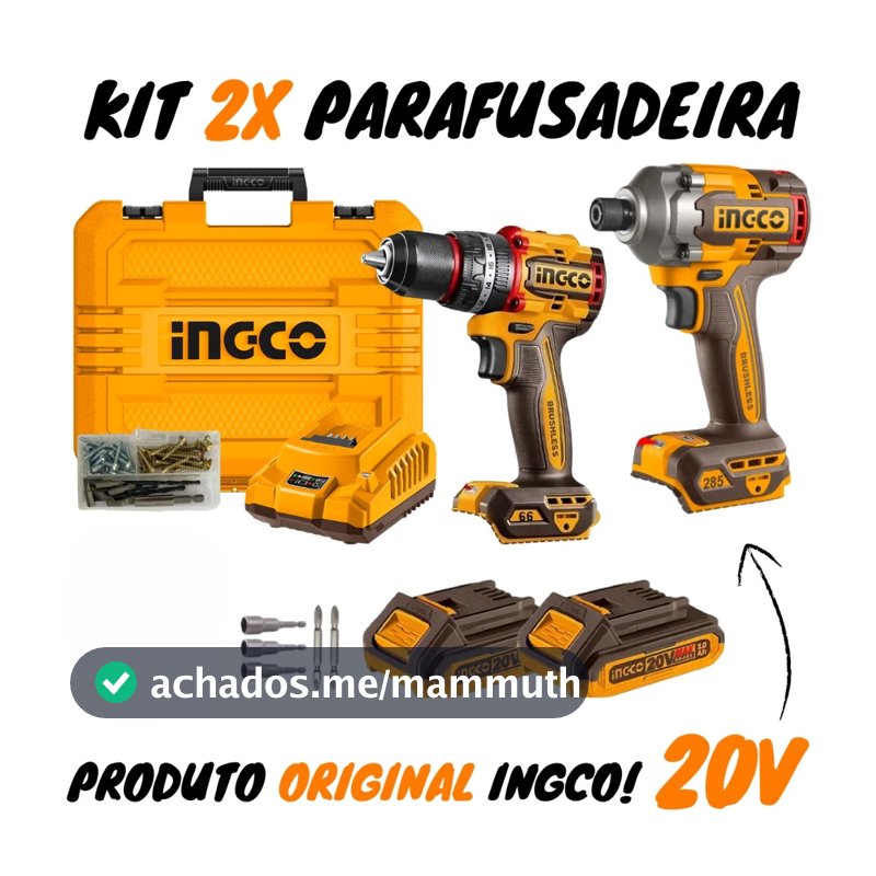 Combo Parafusadeira + Chave de Impacto 20V INGCO 285Nm 66Nm 2 Baterias Maleta Kit Completo
