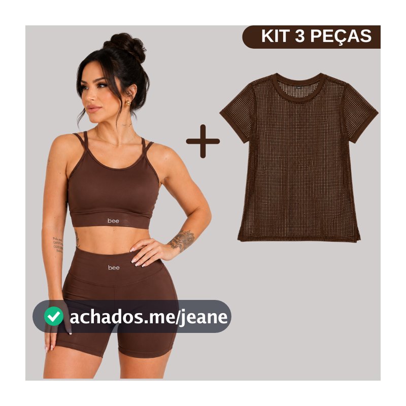Kit 3 Peças Conjunto Fitness Feminino Modelador Camiseta Arrastão Top Academia Treino Zero Transparência