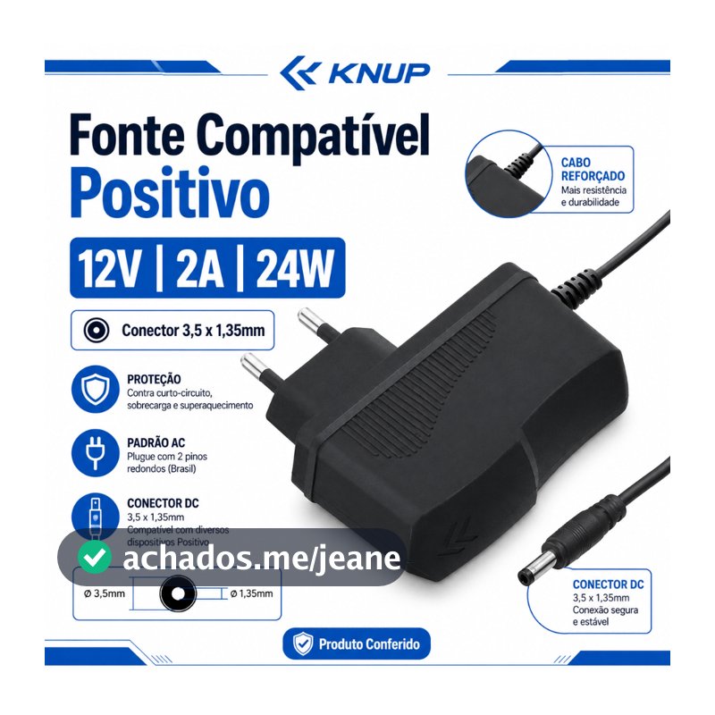 Fonte Notebook Positivo Compatível F24L9-120200SPAE 12V 2A Conector 3,5x1,35mm 24W Knup