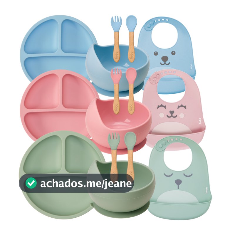 Kit Buba Introdução Alimentar Silicone Prato Ventosa Babador Pega Migalha Colher Silicone Bambu Gumy