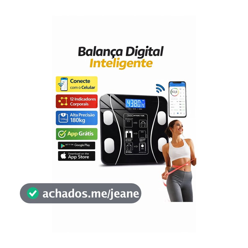 Balança Eletrônica Corporal com App Bluetooth – Controle de Peso, Design em Vidro, Capacidade 180kg