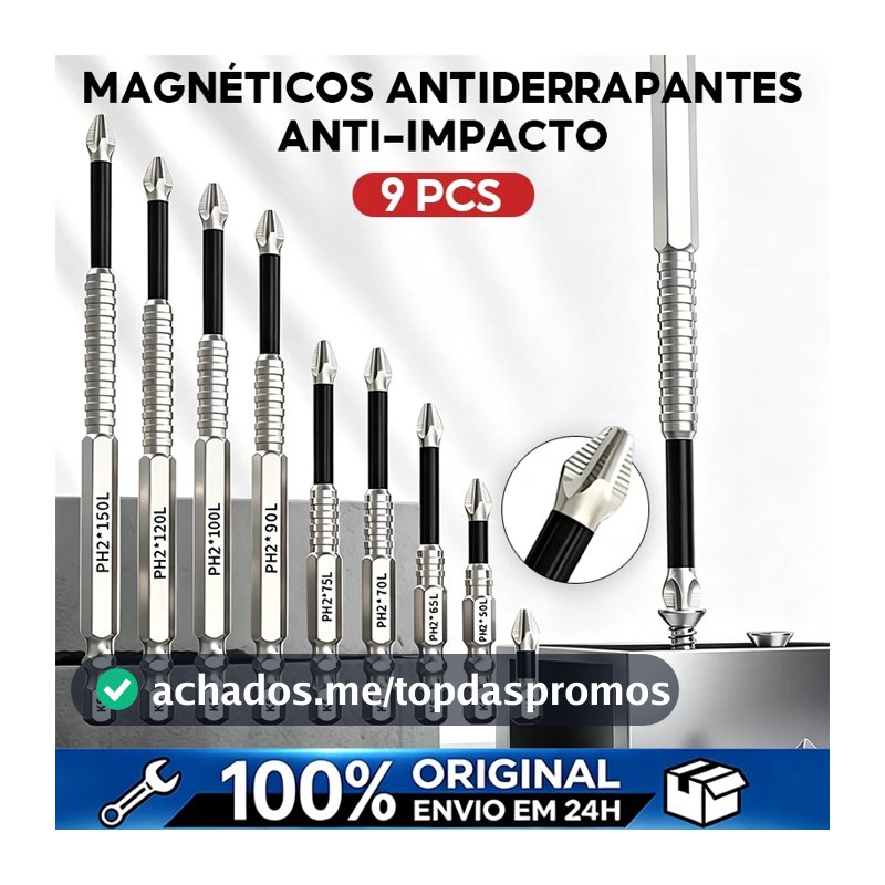 kit 9 bits ph2 philips magnéticos antiderrapantes, resistentes a impacto, liga s2 para parafusadeira de impacto