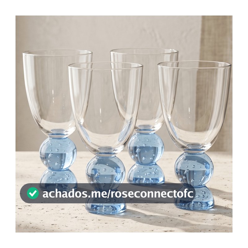 Jogo 4 Copos em Vidro Base Esferas Bubble Trabalhadas Azul e Transparente 370ml