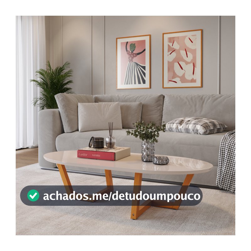 Mesinha De Centro Sala de Estar Moriá Oval Pés De Madeira Maciça Decoração Moderna
