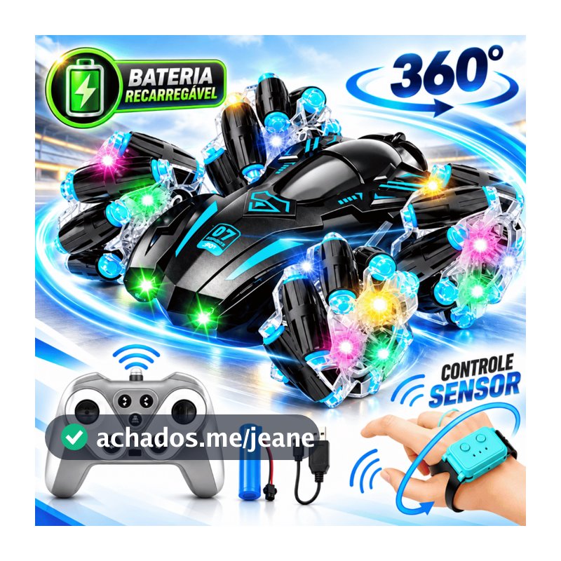 Carrinho de Controle Remoto Maluco Sensor de Mão Recarregável Gira 360 Menino Luzes Led