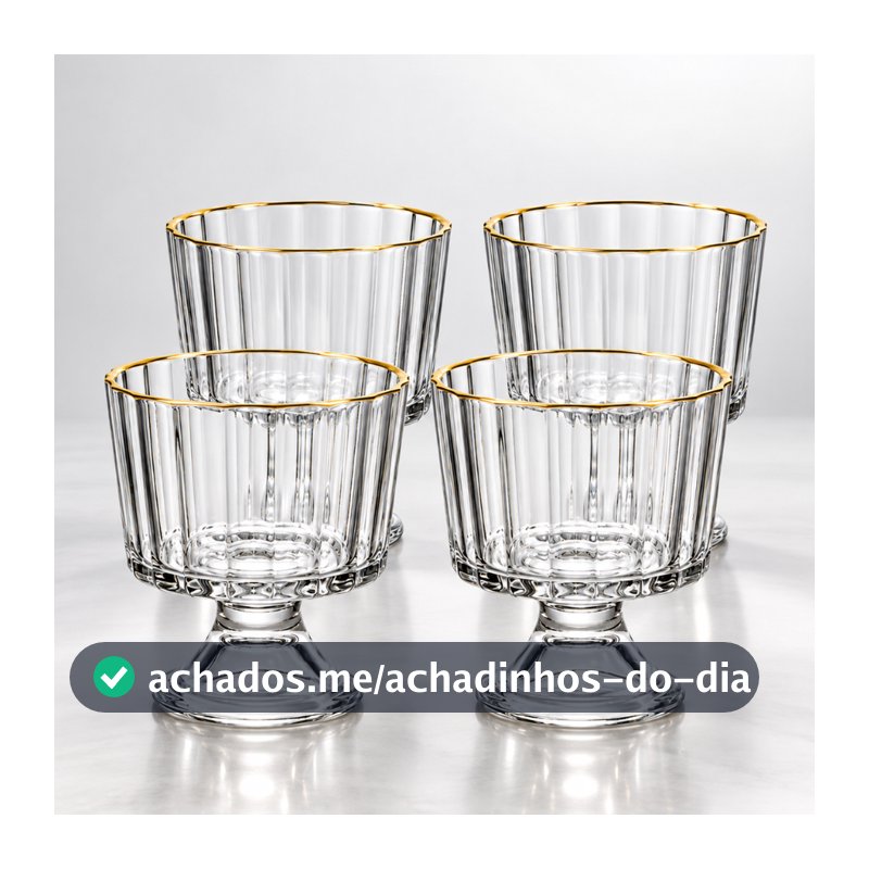 Jogo 4 Taças de Sobremesa Sorvete em Vidro C/ Borda Dourada 280ml - Alice