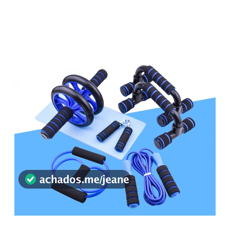 Kit Fitness 6 em 1 Roda Abdominal Flexão Corda Elástico Hand Grip Tapete Treino em Casa