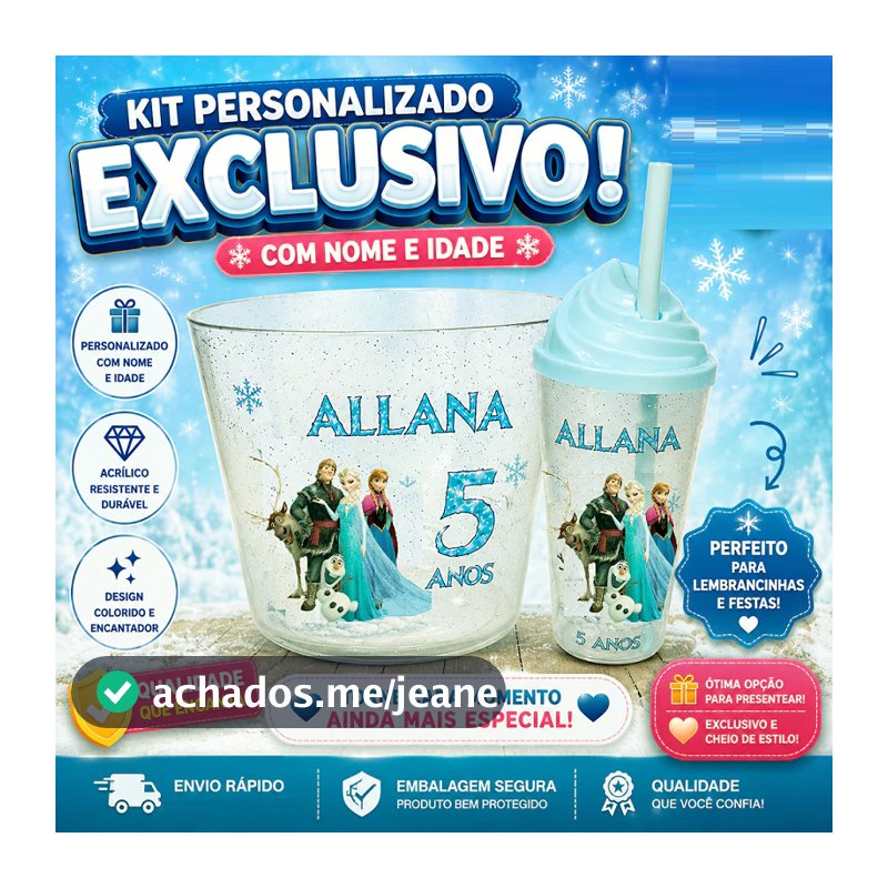 KIT Copos 300ml com Tampas e Baldes Pipoca 1,5l Personalizados Frozen