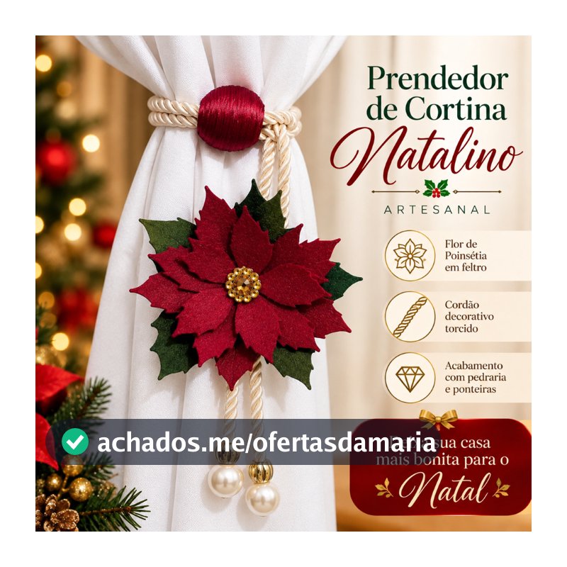 Prendedor de Cortina Natalino Flor de Poinsétia em Feltro Artesanal Natal Clássico