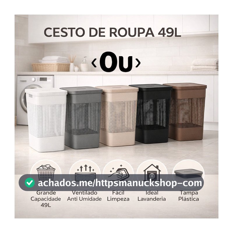 Cesto Roupas 49L Tampa Bambu Plastico Grid Organizador Lavanderia Grande Resistente OU