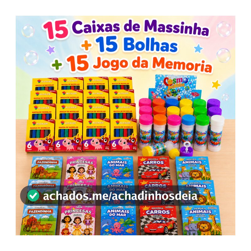 15 Caixas de Massinha de Modelar + 15 Bolha Sabão + 15 Jogo Memoria Infantil Kit Festa Lembrancinha Infantil