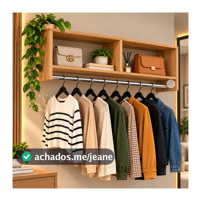 Cabideiro de Parede com Nicho Organizador Com Tubo Cromado 80x30x25 cm para Quarto e Closet 80cm  (79)