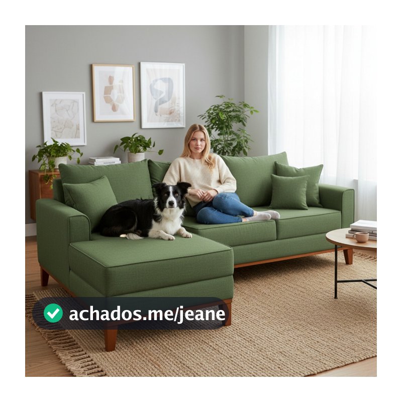 Sofá 3 Lugares Beny com Chaise Esquerdo Linho Verde Oliva