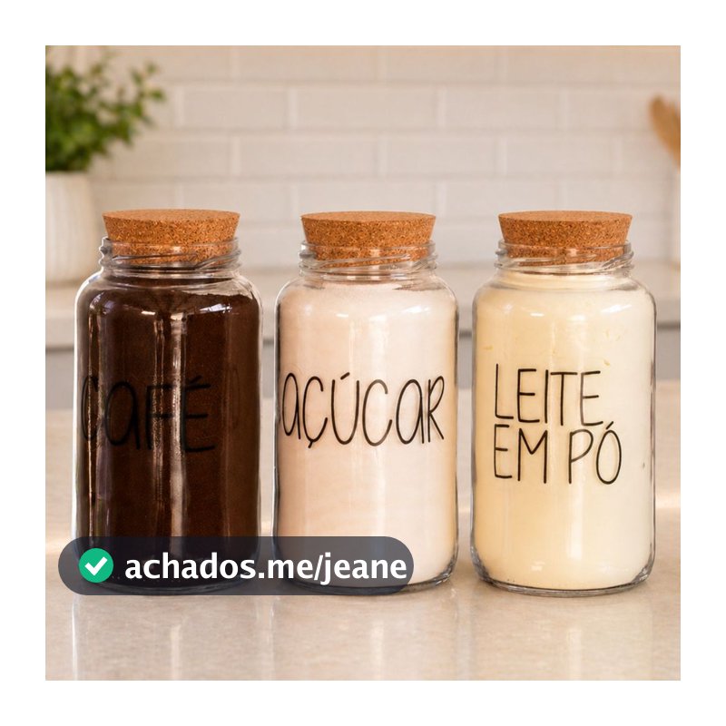 Kit Cantinho do Café + Açúcar + Leite em pó | 3 potes de Vidro 810 ml + tampa rolha cortiça| Pote Mantimento